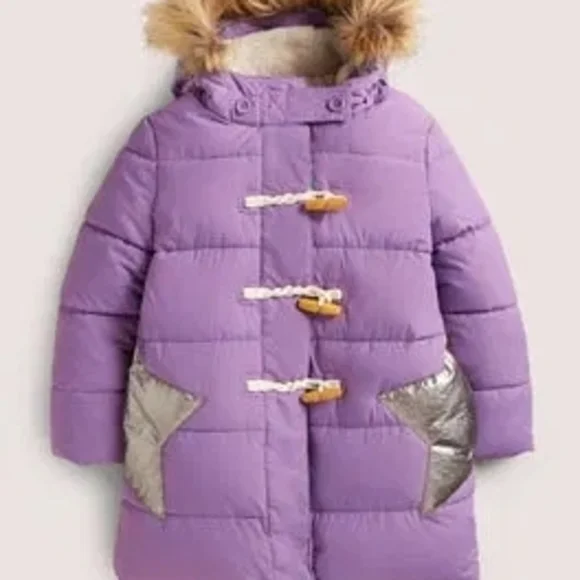 Boden Girls Longline Padded Jacket In Purple with Removable Faux Fur Trim Hood - Picture 10 of 11